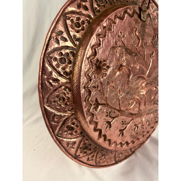 Vintage Hammered Copper Wall Plate Bird Floral Repoussé Hanging Decor 16" - Picture 6 of 11